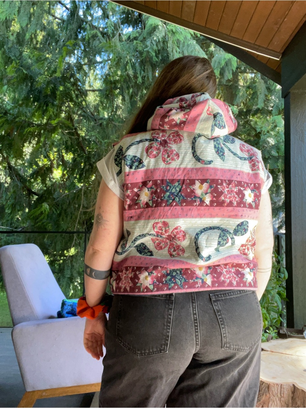 9. Handmade floral hoodie vest OS - Picture 3 of 3